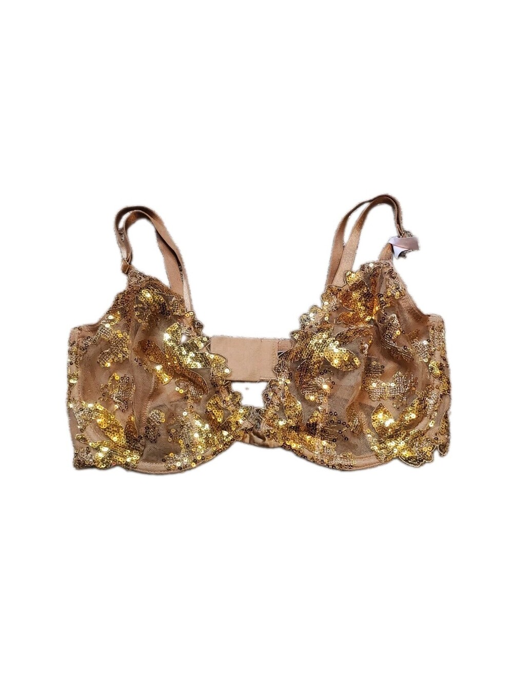 Victoria Secret Very Sexy Bra Gold Sequins Glam Unlined Size 34DD Costume NWOT